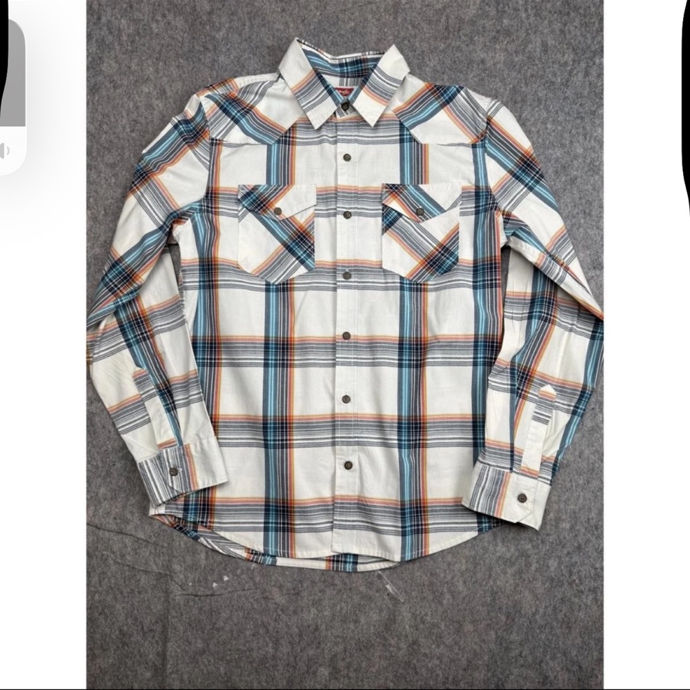 Wrangler Western Shirt Men's Medium White Plaid‎ Collared Long Sleeve Button-Up